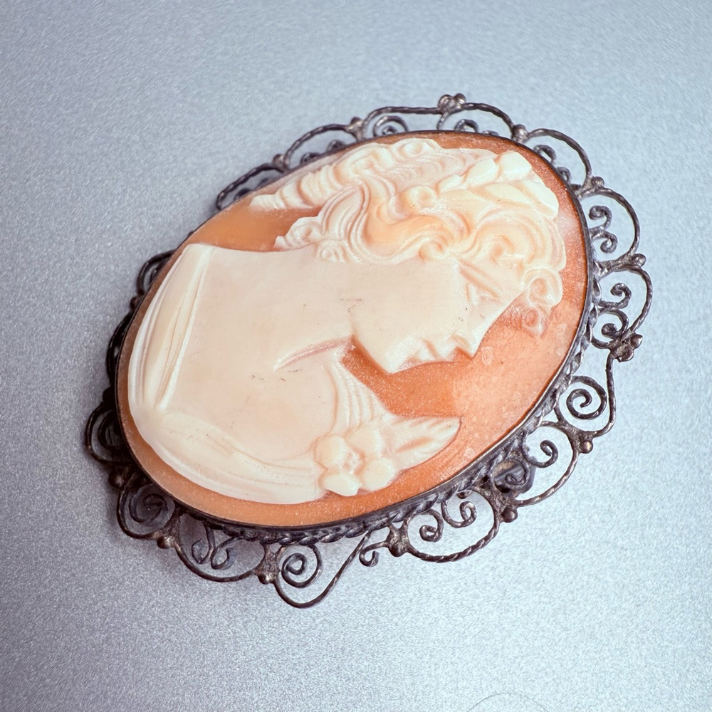 Antique Shell Cameo Sterling Silver 925 Lace Scroll Brooch Pendant Victorian Era - Picture 7 of 8